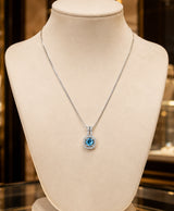 Blue Crystal Halo Pendant Silver-Tone Necklace
