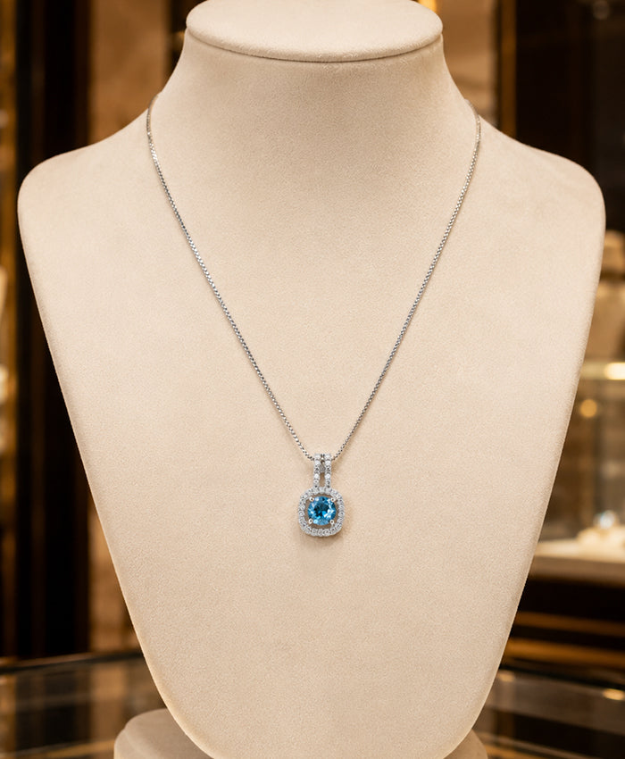 Blue Crystal Halo Pendant Silver-Tone Necklace