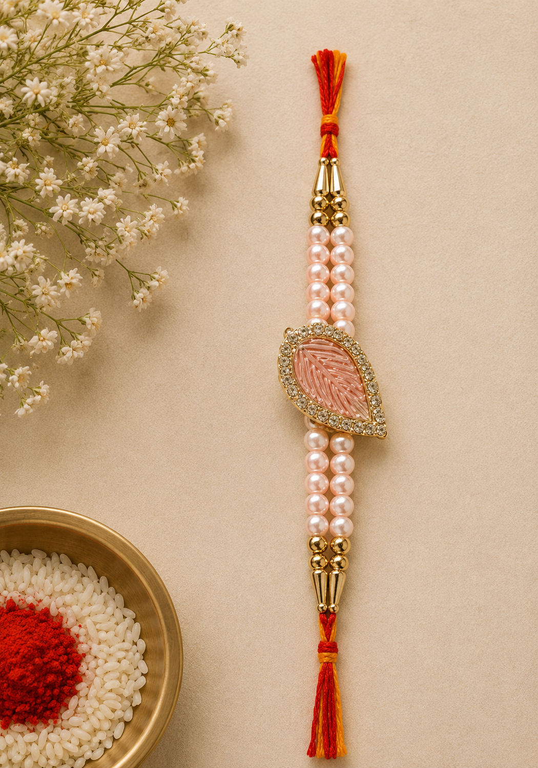 Blush Pearl Leaf Designer Rakhi