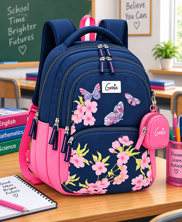 Butterfly Bloom Navy & Pink School Backpack with Mini Pouch