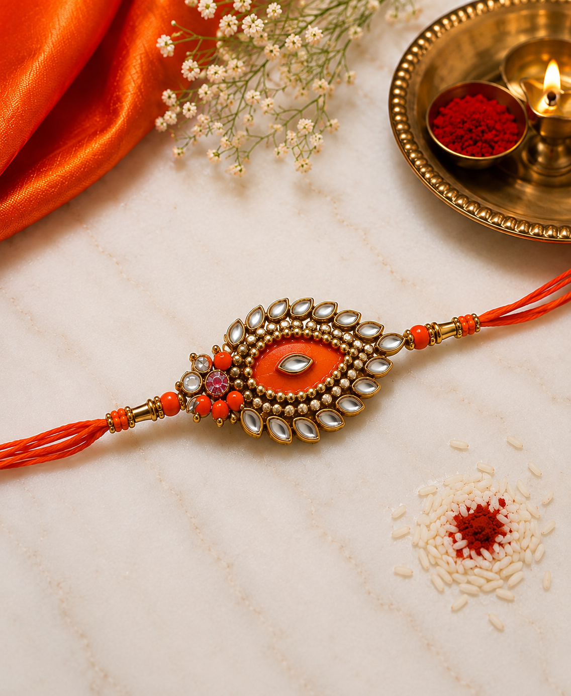 Orange Kundan Designer Rakhi