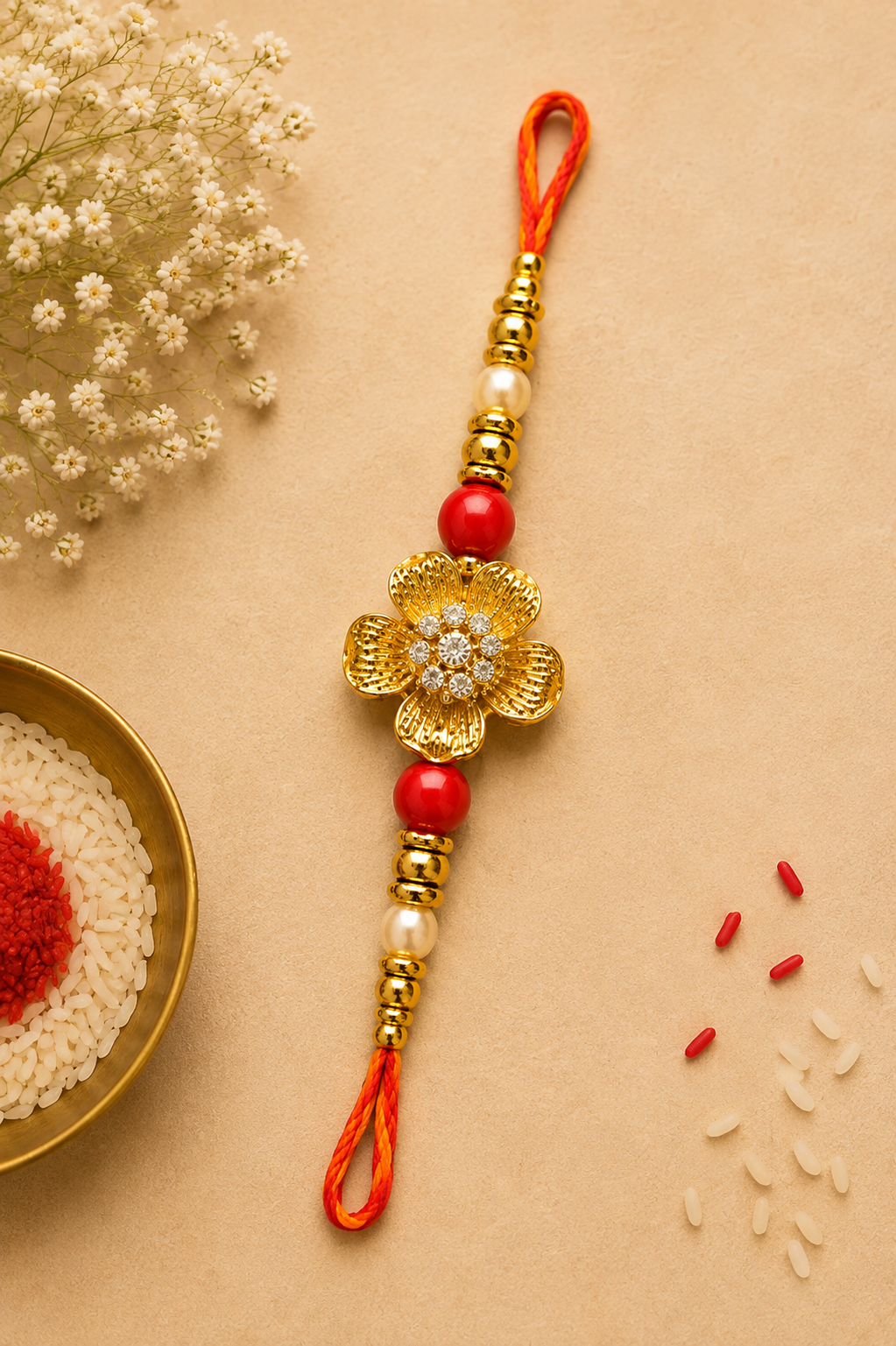 Golden Floral Designer Rakhi with Pearl & Red Beads