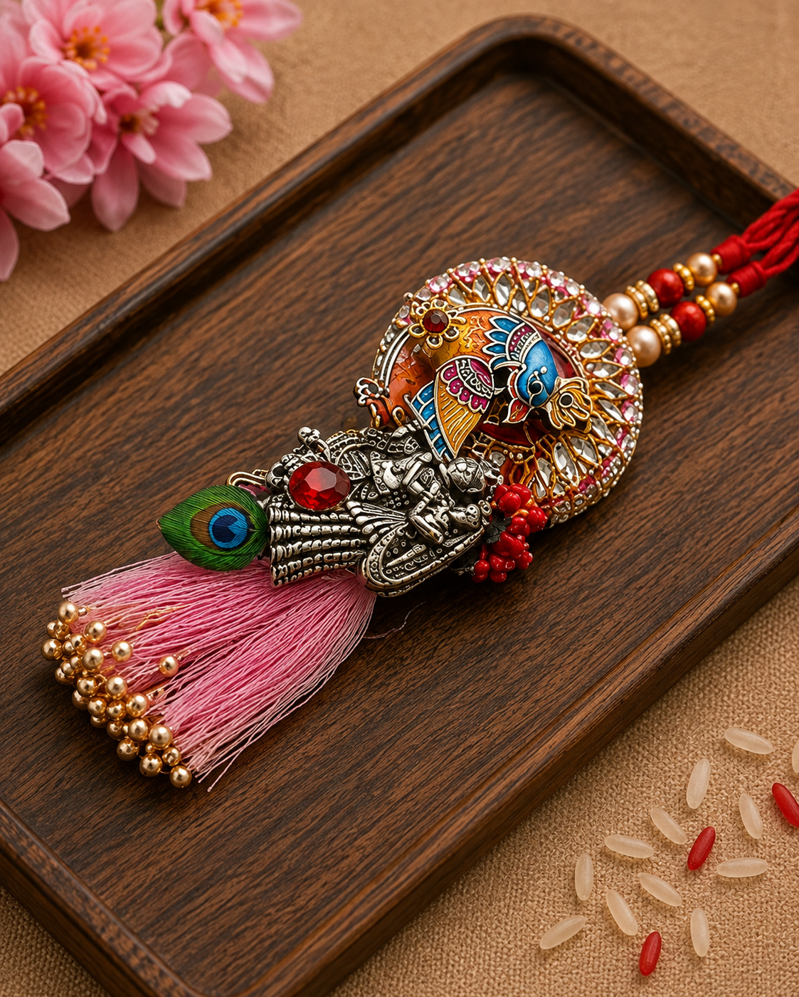 Premium Radha Krishna Peacock Rakhi Set