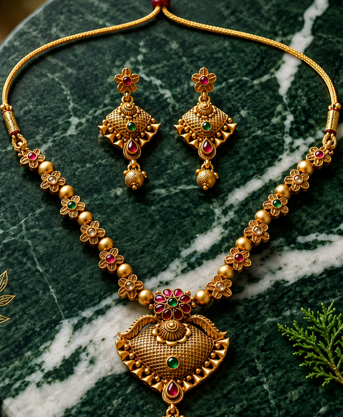 Rajshree Antique Gold Temple Necklace & Earrings Set