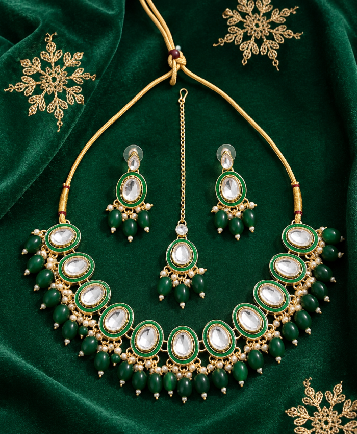Emerald Noor Kundan Necklace Jewellery Set