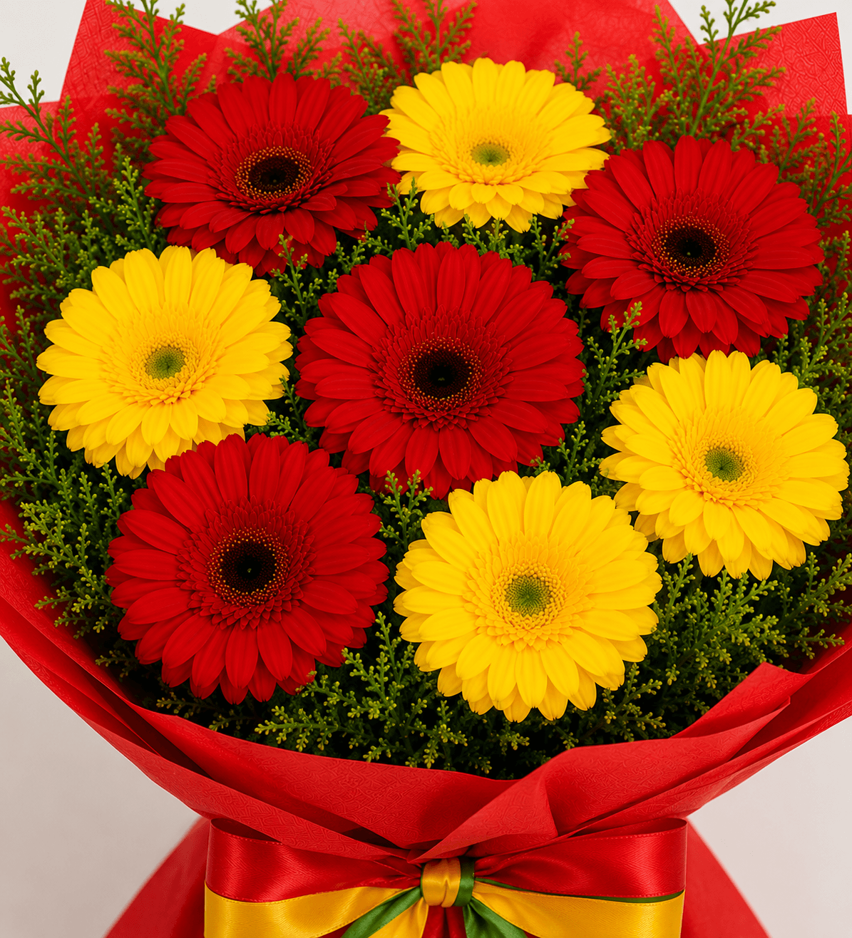 Glorious Red & Yellow Gerbera Blossoms Bouquet