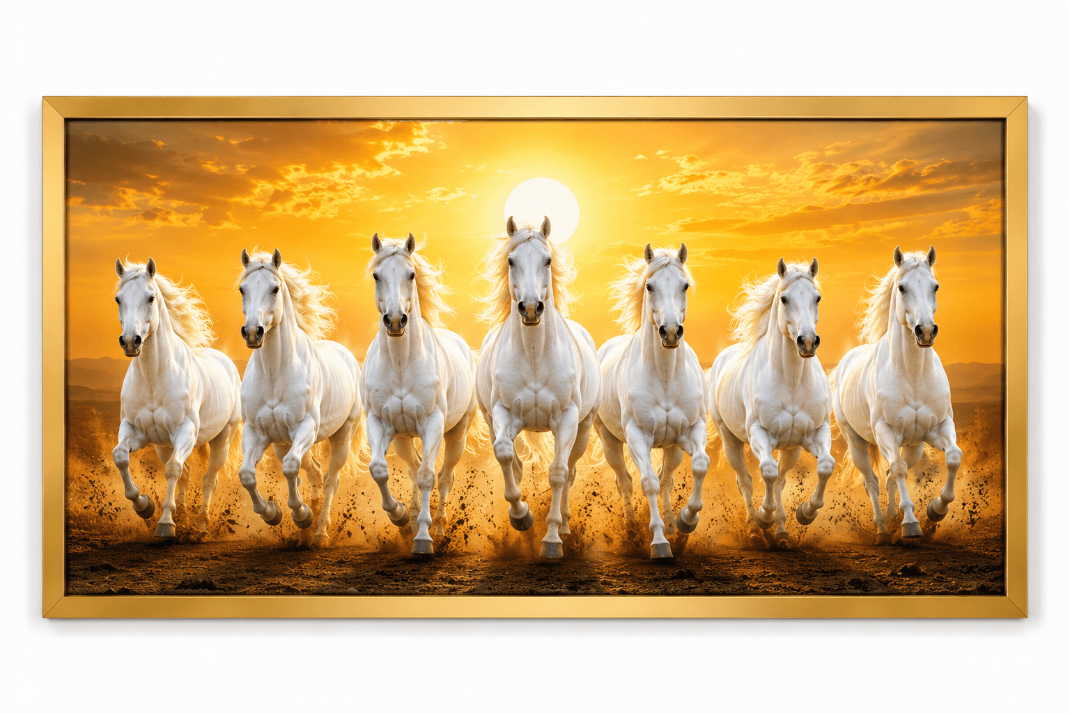Seven White Running Horses Sunrise Premium Acrylic Wall Art