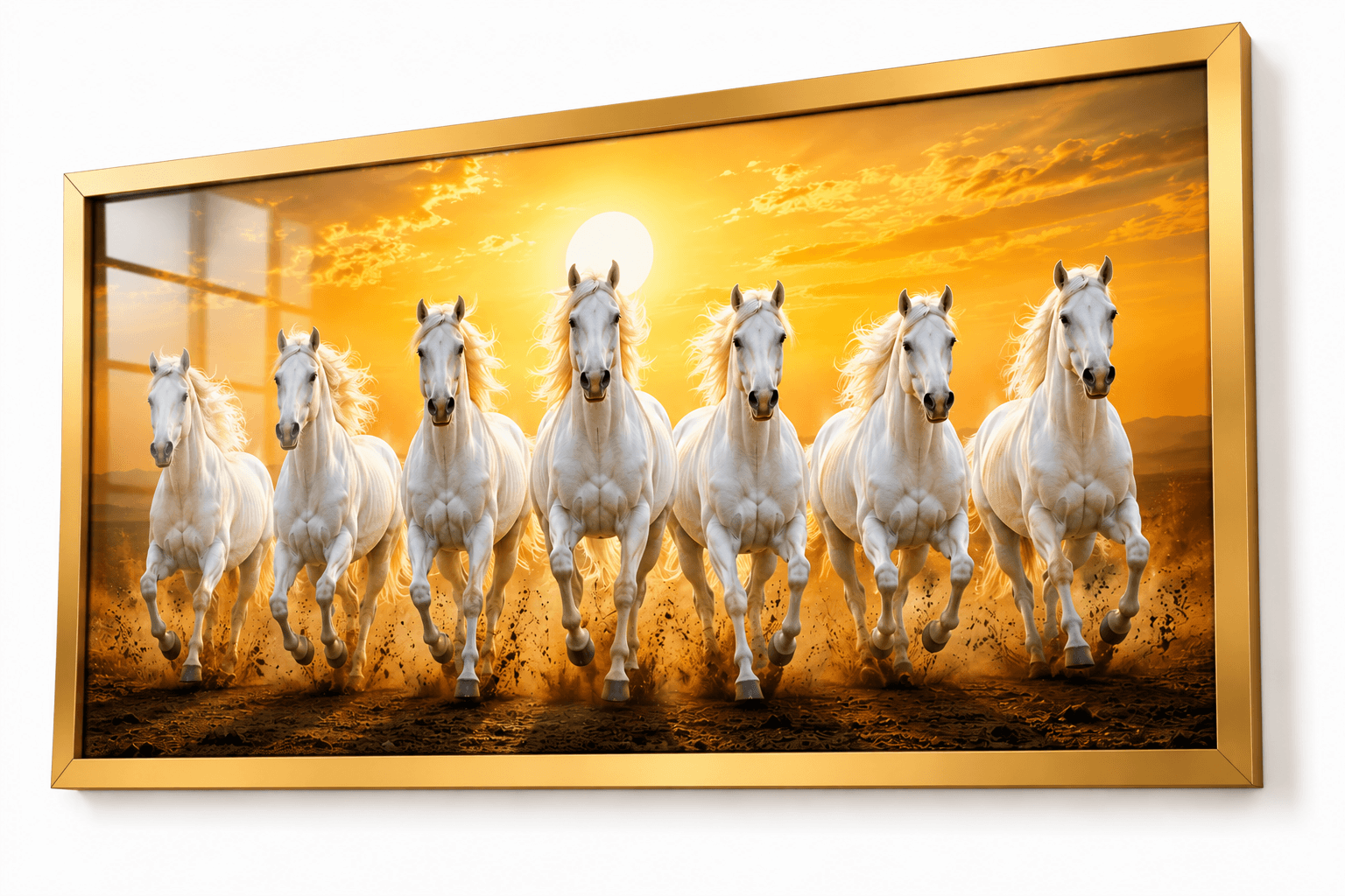Seven White Running Horses Sunrise Premium Acrylic Wall Art