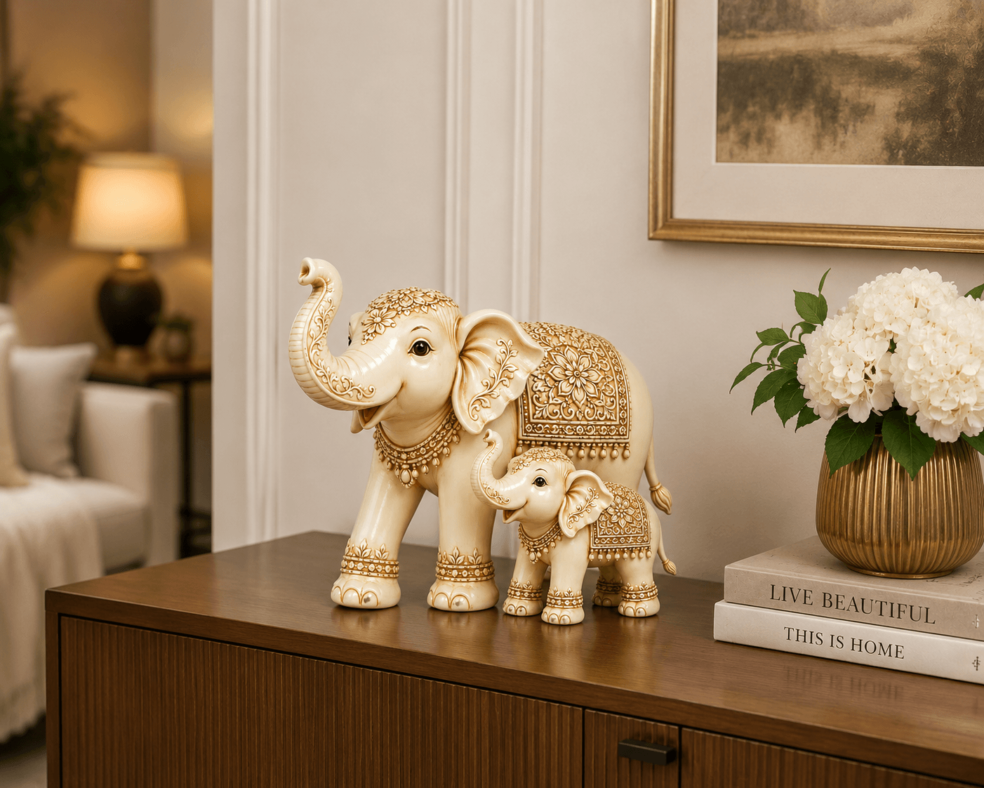 Vintage Ivory Look Mother & Baby Elephant Figurine Set