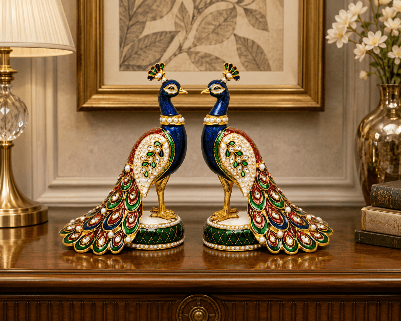 Royal Kundan Meena Peacock Figurine Set (Pair)