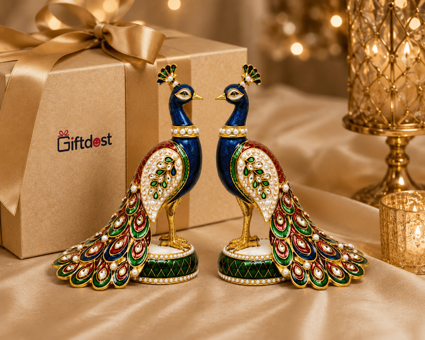 Royal Kundan Meena Peacock Figurine Set (Pair)