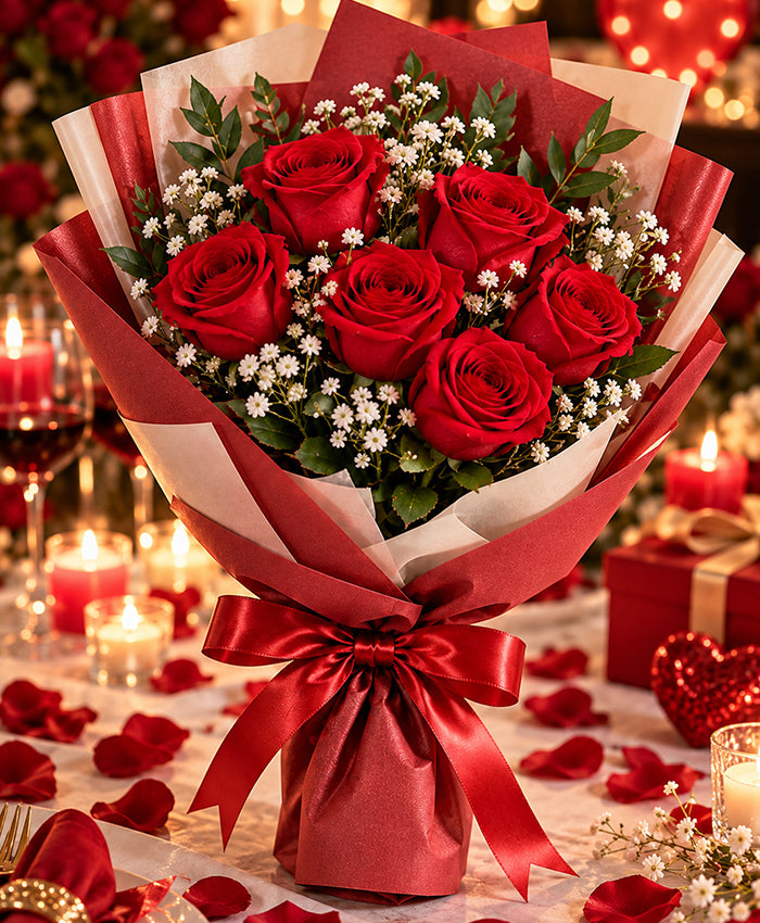 Classic Red Rose Bouquet – 6 Red Roses