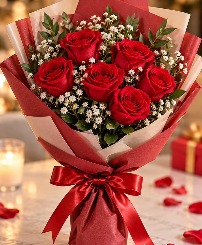 Classic Red Rose Bouquet – 6 Red Roses