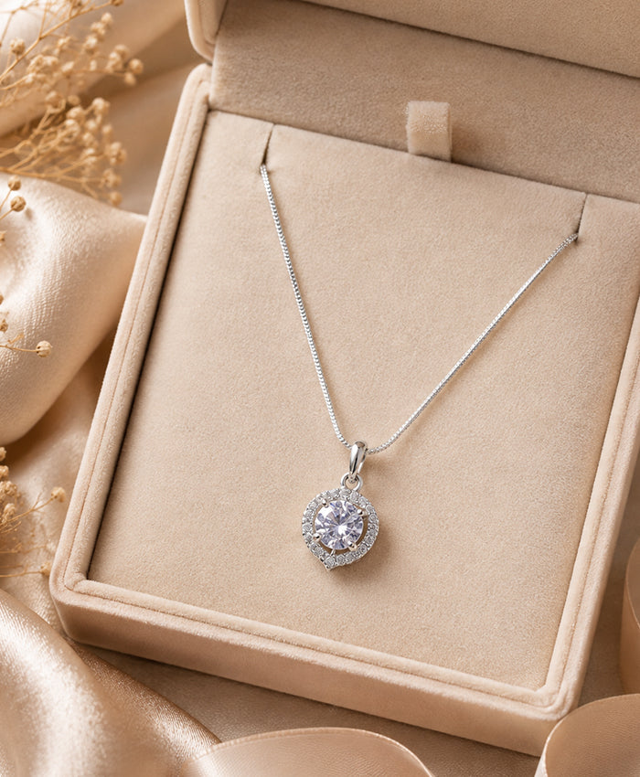 Classic Round Crystal Halo Pendant Necklace for Women