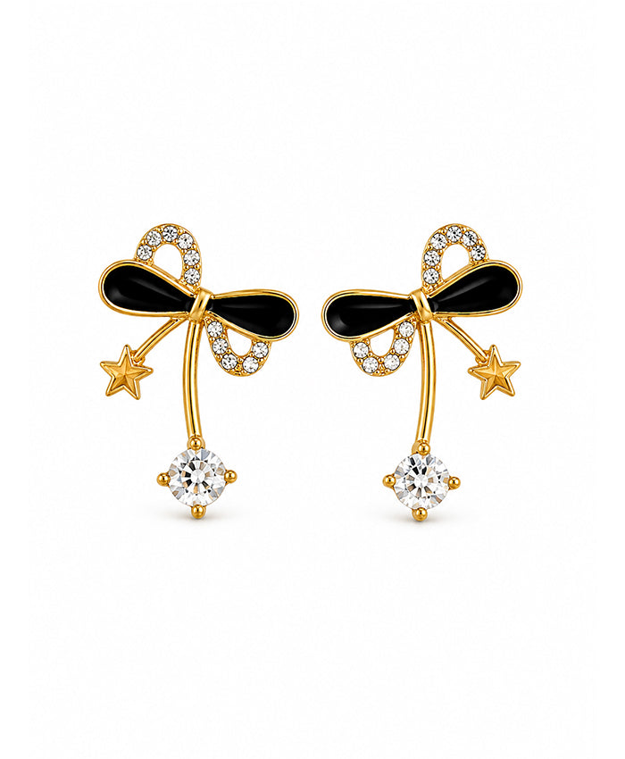 Elegant Black Bow & Crystal Drop Stud Earrings