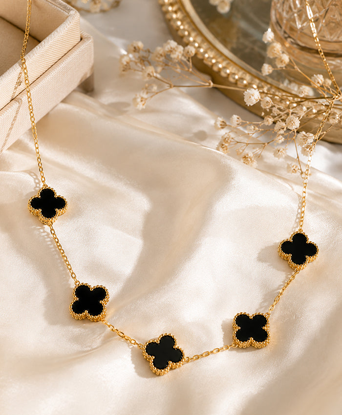 Elegant Black Clover Charm Gold-Tone Necklace