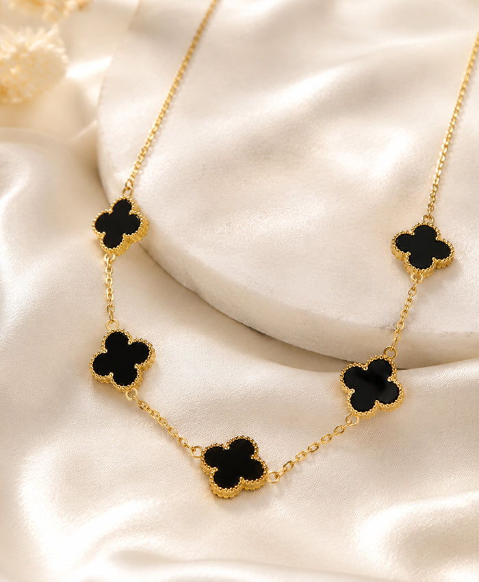 Elegant Black Clover Charm Gold-Tone Necklace