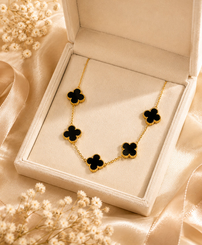 Elegant Black Clover Charm Gold-Tone Necklace