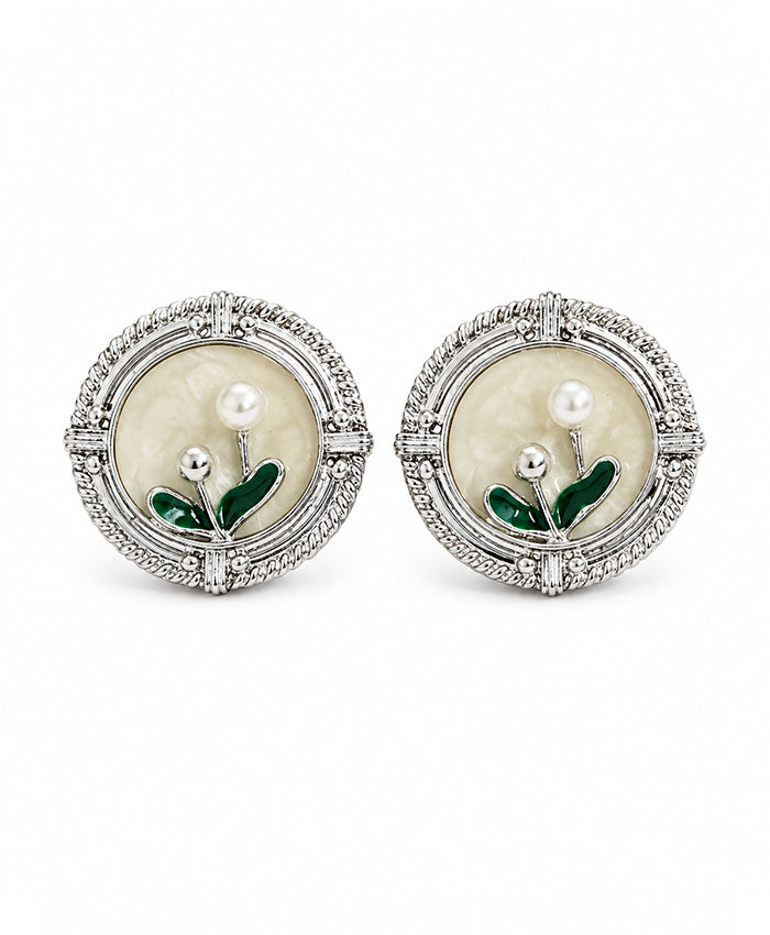 Elegant Floral Pearl Stud Earrings with Green Enamel Detailing