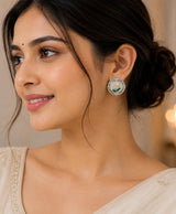 Elegant Floral Pearl Stud Earrings with Green Enamel Detailing