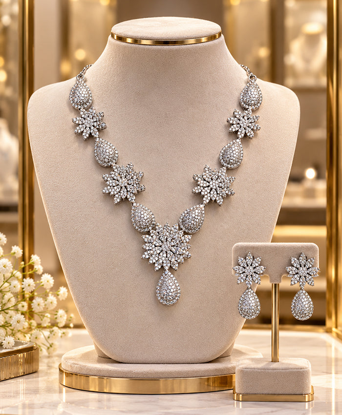 Elegant Floral Teardrop Statement Necklace Set with Matching Earrings