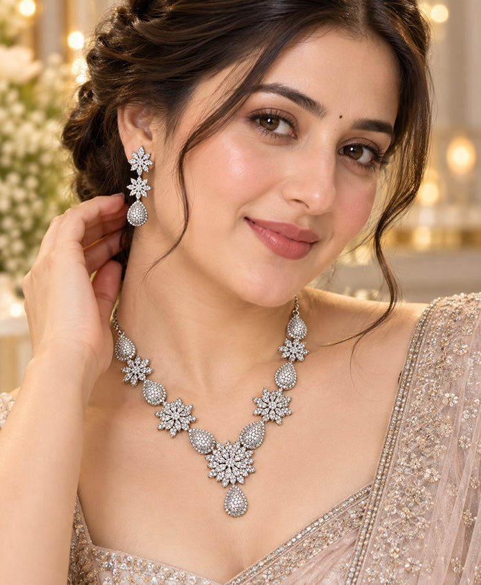 Elegant Floral Teardrop Statement Necklace Set with Matching Earrings