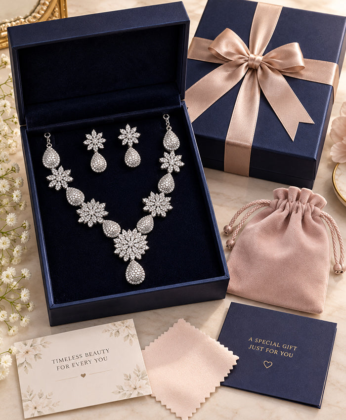 Elegant Floral Teardrop Statement Necklace Set with Matching Earrings