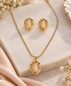 Elegant Gold Oval Pendant Necklace & Matching Earrings Set
