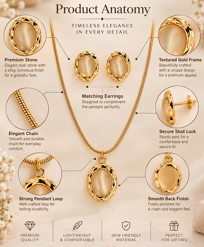 Elegant Gold Oval Pendant Necklace & Matching Earrings Set