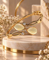 Elegant Gold-Tone Cat’s Eye Crystal Cuff Bracelet – Floral Statement Kada for Women