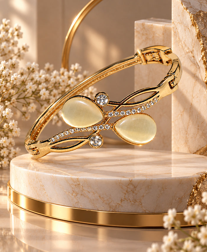 Elegant Gold-Tone Cat’s Eye Crystal Cuff Bracelet – Floral Statement Kada for Women