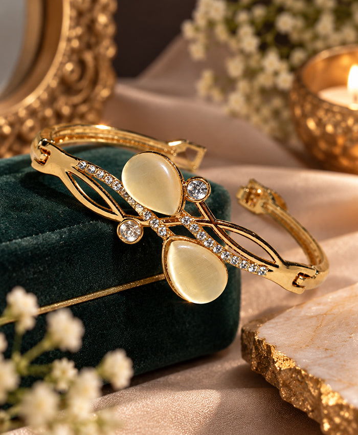 Elegant Gold-Tone Cat’s Eye Crystal Cuff Bracelet – Floral Statement Kada for Women