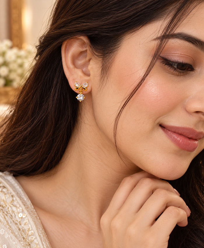 Elegant Gold-Tone Crystal Bow Drop Earrings
