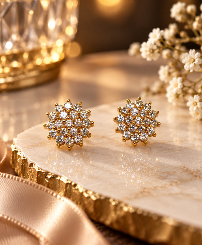 Elegant Gold-Tone Floral Cluster CZ Stud Earrings