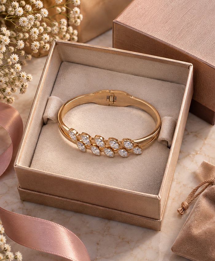 Elegant Gold-Tone Marquise Crystal Open Bangle Bracelet