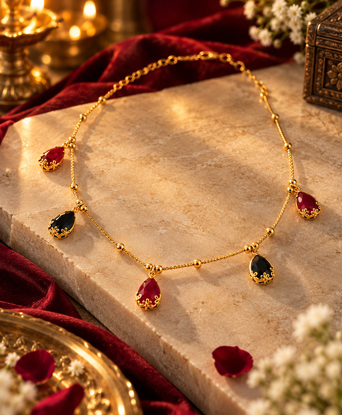 Elegant Gold-Toned Red & Black Teardrop Pendant Necklace