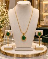 Elegant Green Oval Stone Gold Necklace Set with Matching Earrings