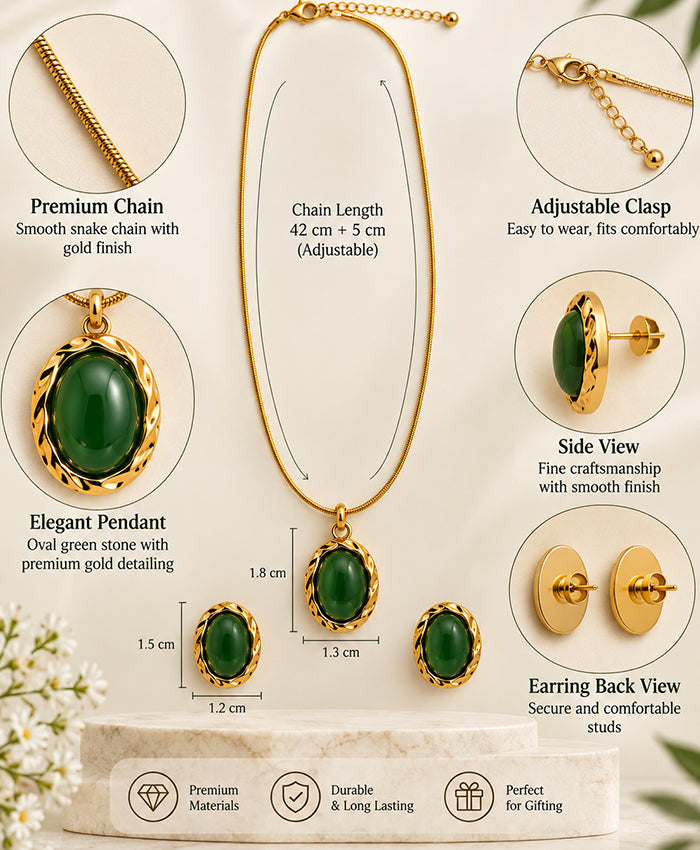 Elegant Green Oval Stone Gold Necklace Set with Matching Earrings