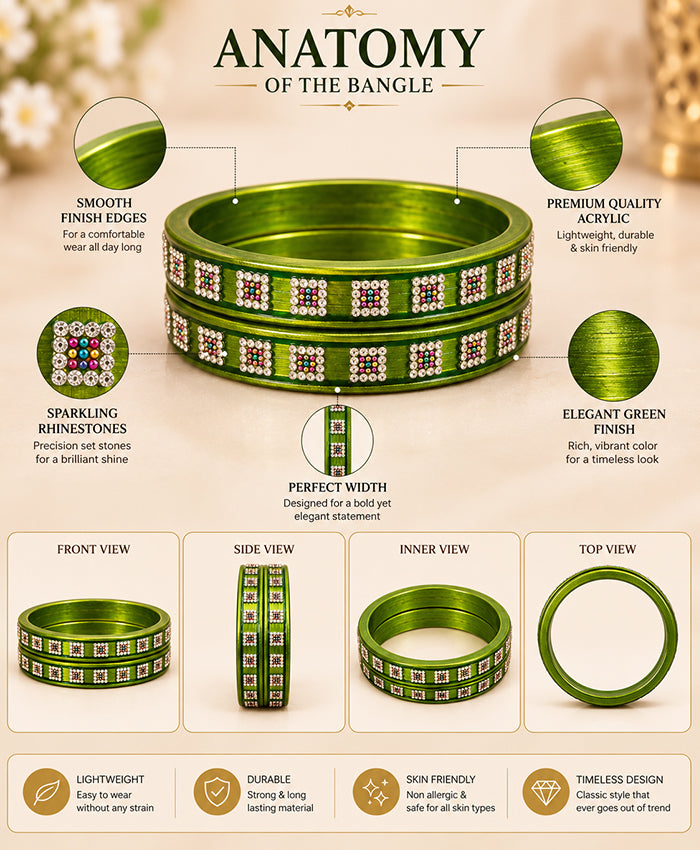 Elegant Green Rhinestone Acrylic Lac Bangle Set