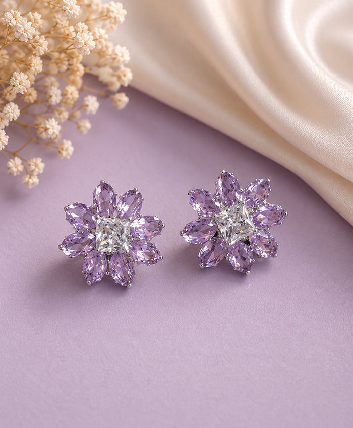 Elegant Lavender Crystal Floral Stud Earrings