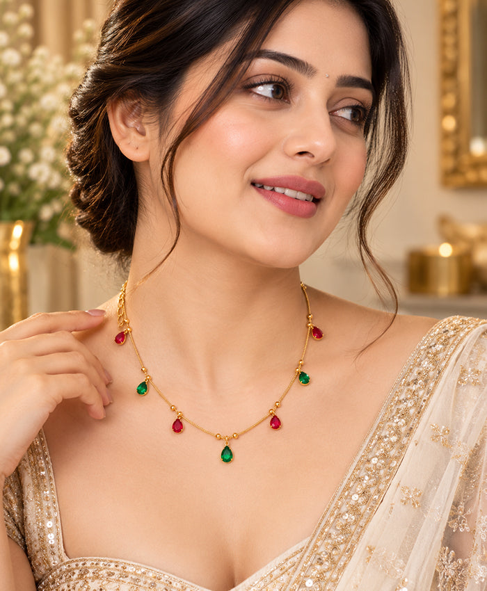 Elegant Multicolor Teardrop Charm Gold-Tone Necklace