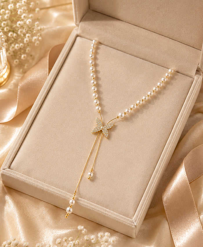 Elegant Pearl Butterfly Long-Tassel Necklace