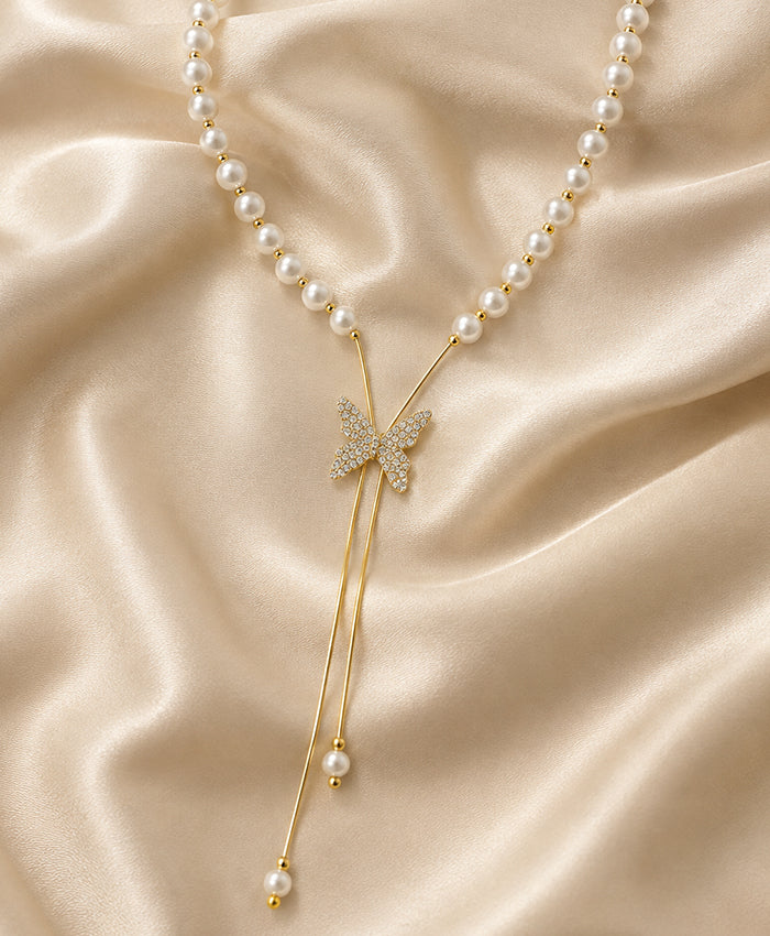 Elegant Pearl Butterfly Long-Tassel Necklace