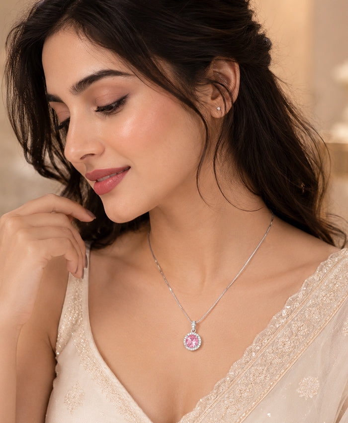 Elegant Pink Stone Halo Pendant Necklace for Women