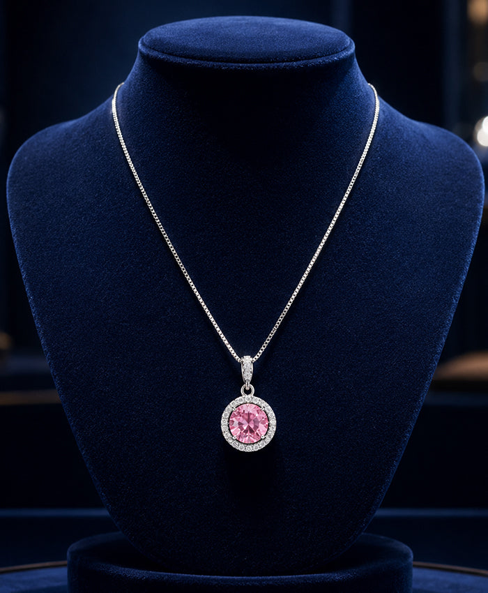 Elegant Pink Stone Halo Pendant Necklace for Women