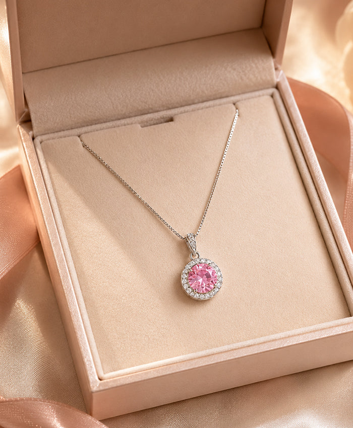 Elegant Pink Stone Halo Pendant Necklace for Women