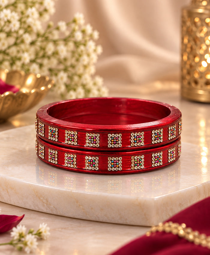 Elegant Red Multicolor Stone Studded Designer Lac Bangle Set