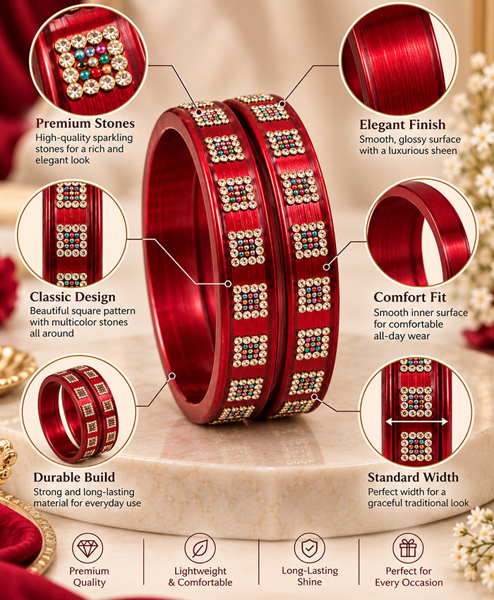 Elegant Red Multicolor Stone Studded Designer Lac Bangle Set
