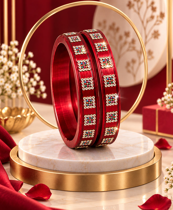 Elegant Red Multicolor Stone Studded Designer Lac Bangle Set