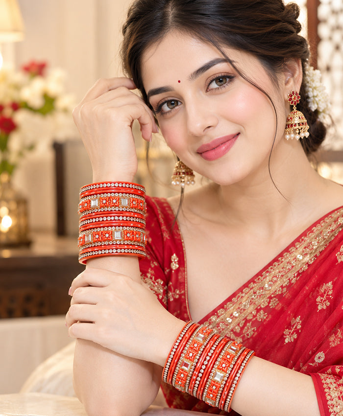 Elegant Red & Gold Crystal Embellished Lac Bangle Set